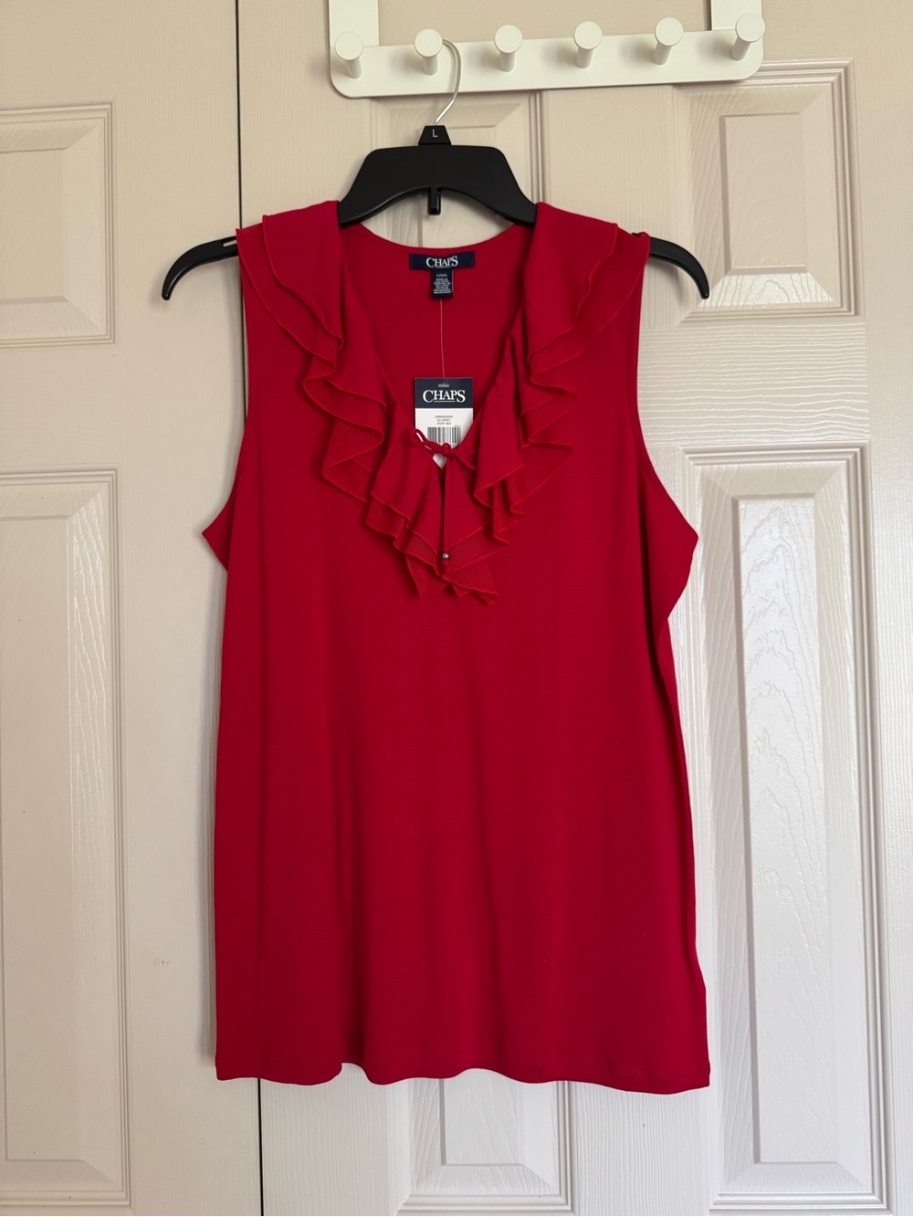 Chaps Women's Large Red  Ruffled Neckline Tie Silver Beads Sleeveless Shirt-NWT